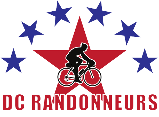 DC Randonneurs Logo with 6 blue stars and a bicyclist sillouette in a red star with "DC RANDONNEURS" at the bottom