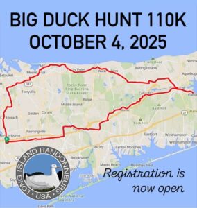 Map showing the Big Duck Hunt 110K cycling route on Long Island, New York, marked with a red line forming a loop starting from Ronkonkoma, passing through Rocky Point, Wading River, Calverton, and back. Long Island Randonneurs logo with duck icon shown in lower left. Text reads "Big Duck Hunt 110K October 4, 2025" and "Registration is now open.