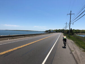 Long Island Randonneurs 300k brevet cyclist on North Fork waterfront route to Orient Point