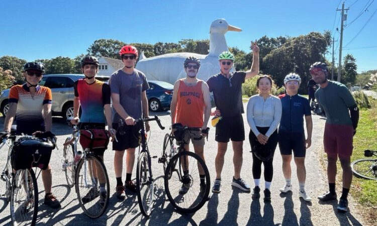 Long Island Randonneurs cyclists at Big Duck landmark in Flanders Long Island